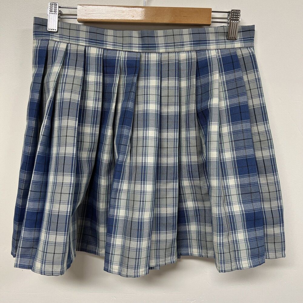 Hug Sunshine Plaid Pleated Mini Skirt Women’s L Blue Harajuku Cosplay Y2K Kpop